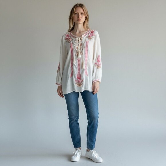 🌻Johnny Was BIYA Embroidered Bohemian Lightweight Peasant Blouse Size Small. - Picture 1 of 12